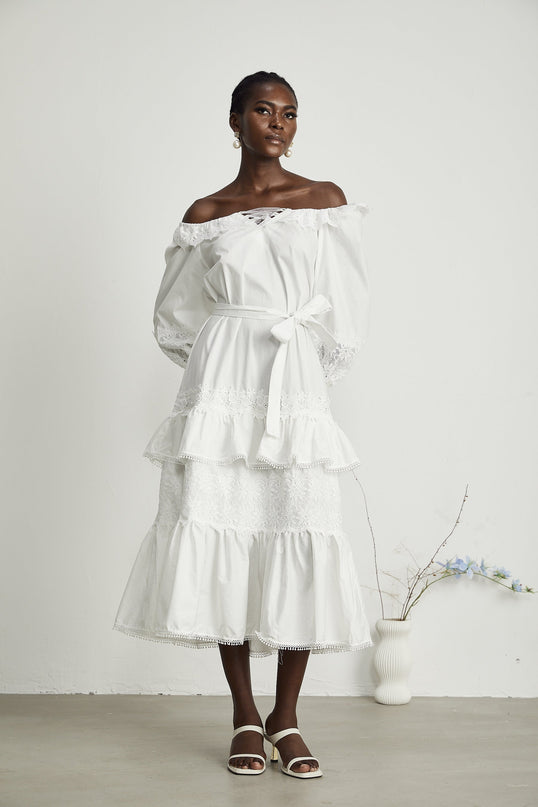 Licia White Lace Trim Midi Dress with Cinched Waist and Flounce Hem