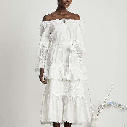 Licia White Lace Trim Midi Dress with Cinched Waist and Flounce Hem