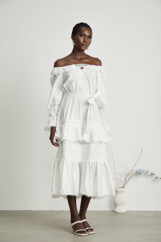 Licia White Lace Trim Midi Dress with Cinched Waist and Flounce Hem