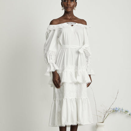 Licia White Lace Trim Midi Dress Flounce Hem Cut-Out Floral Embroidered Square Neck Flared Sleeves