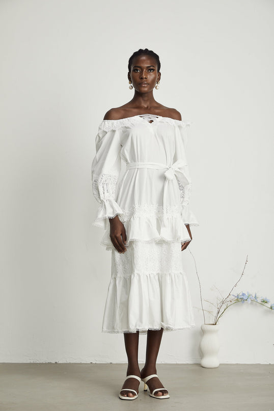 Licia White Lace Trim Midi Dress Flounce Hem Cut-Out Floral Embroidered Square Neck Flared Sleeves
