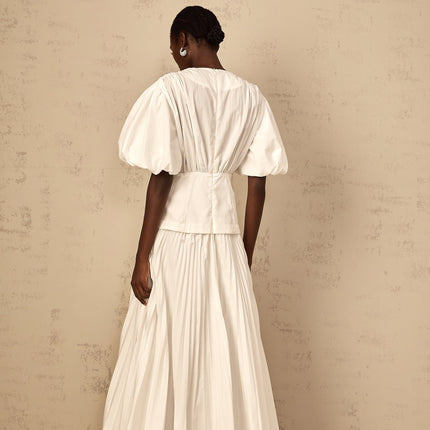 Licia White Maxi Dress with Plunging V-Neck and Puff Sleeves for Special Occasions