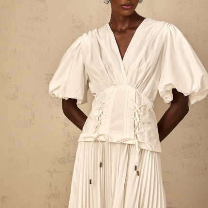 Licia White Maxi Dress with Plunging V-neck and Puff Sleeves