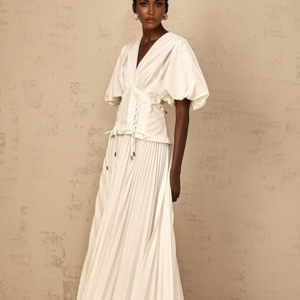 Licia White Maxi Dress with V-Neck and Puff Sleeves