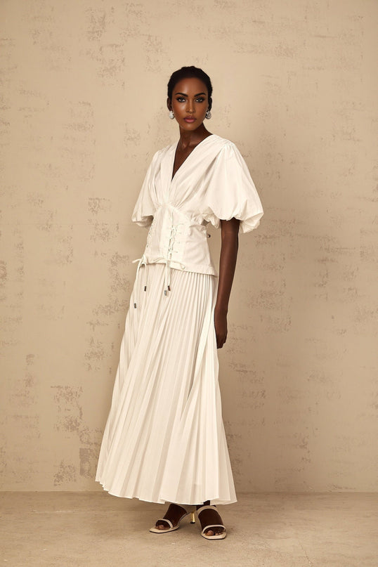 Licia White Maxi Dress with V-Neck and Puff Sleeves