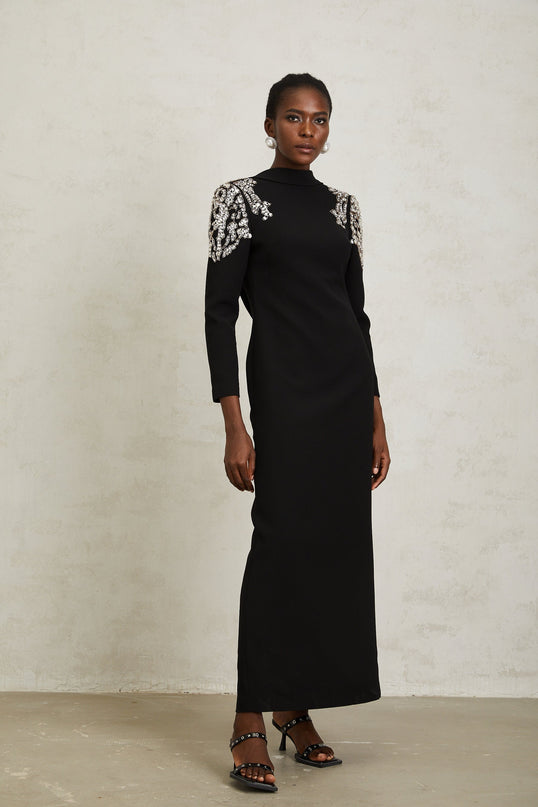 Lidia Black Open Back Embellished Maxi Dress