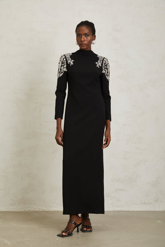 Lidia Black Open Back Embellished Maxi Dress
