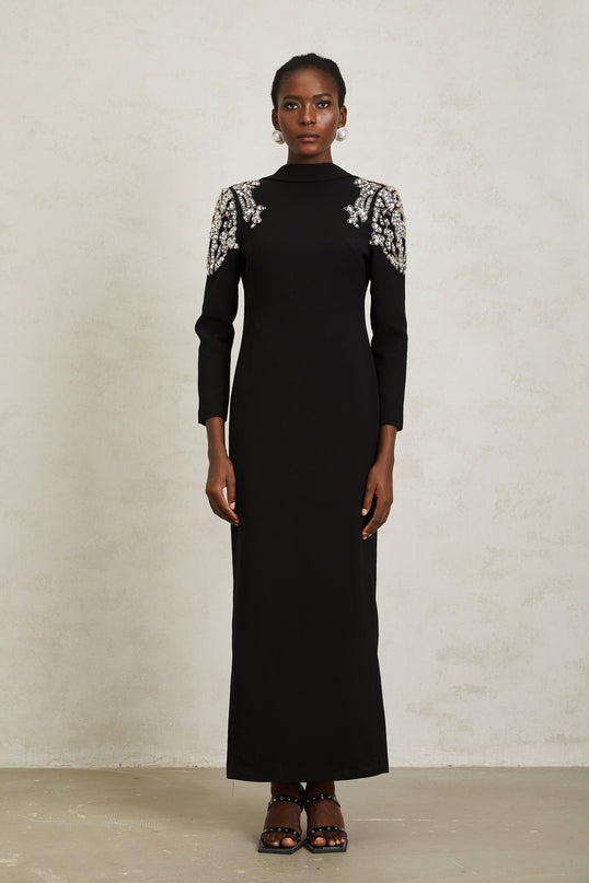 Lidia Black Open Back Embellished Maxi Dress