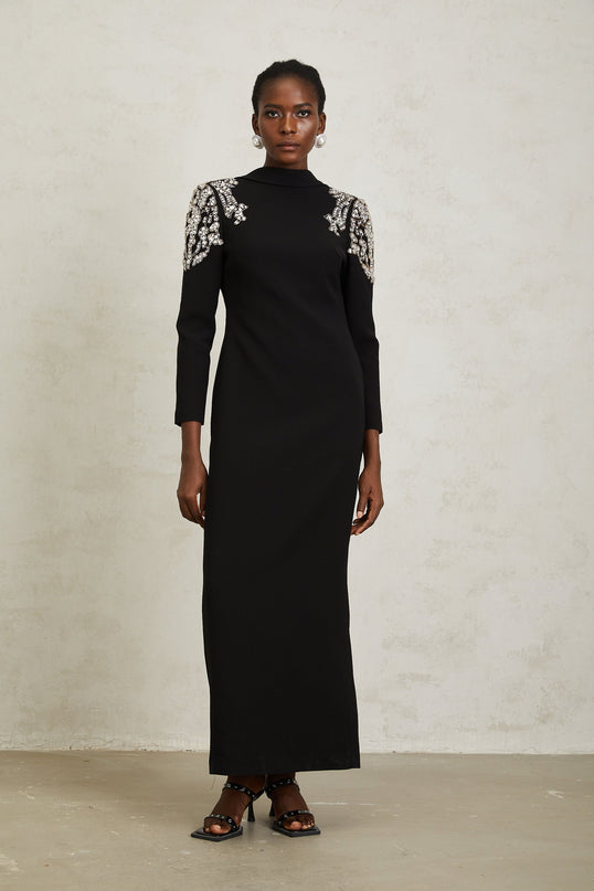 Lidia Black Open Back Embellished Maxi Dress
