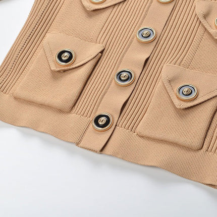 Light Beige Knit Cardigan with Gold Accents
