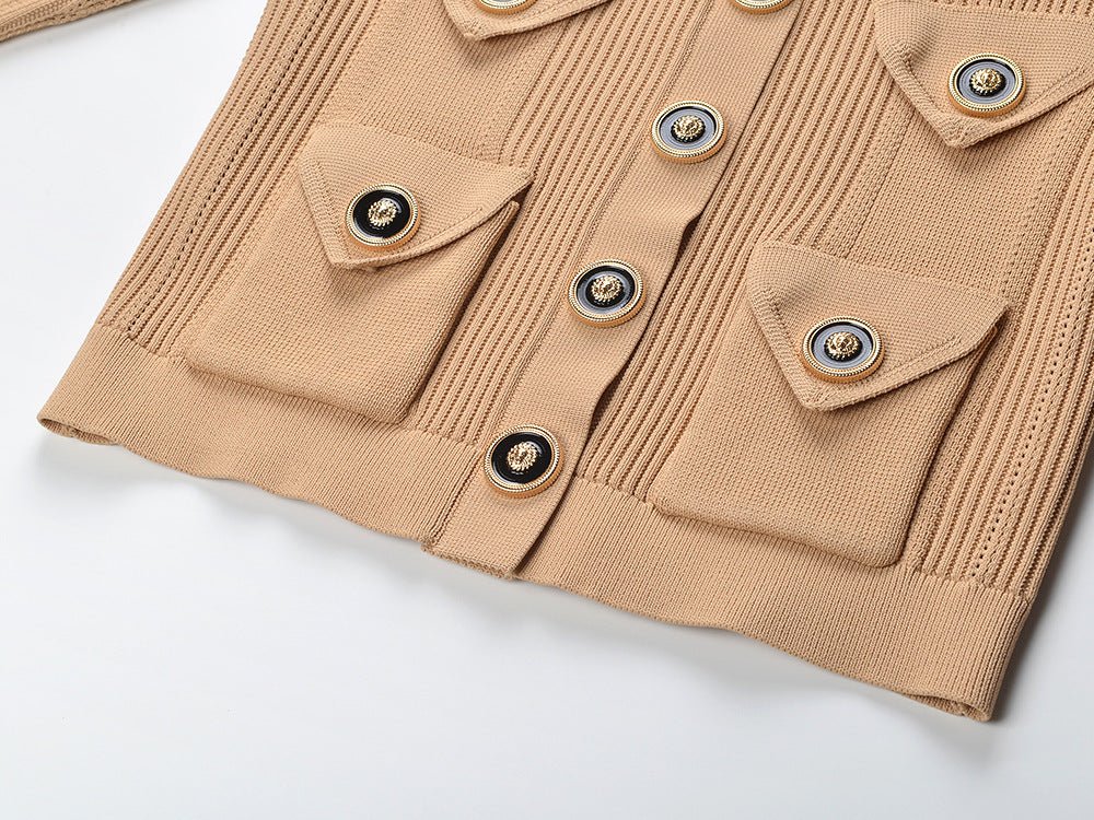 Light Beige Knit Cardigan with Gold Accents