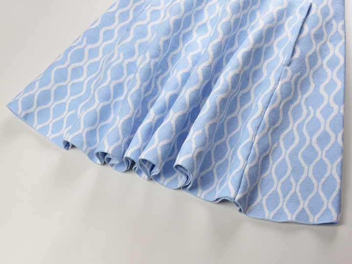 Light Blue Flared A-Line Dress with Wavy Pattern and Square Neckline