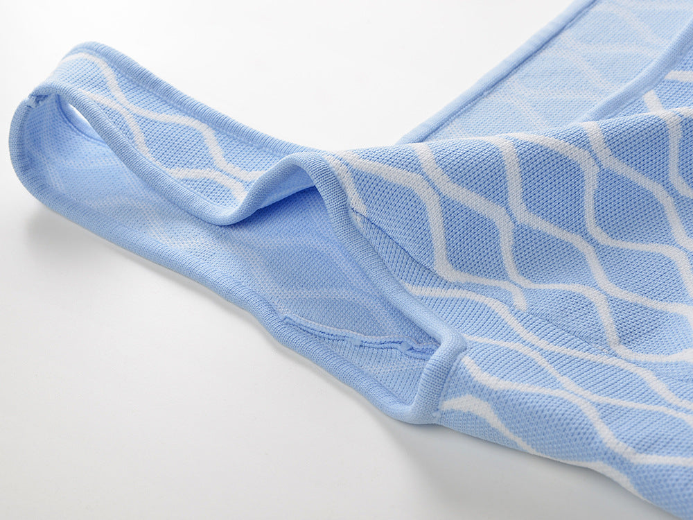 Light Blue Flared A-line Dress with Wavy Pattern and Square Neckline