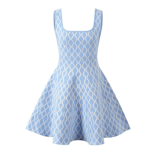 Light Blue Flared A-Line Dress with Wavy Pattern and Square Neckline