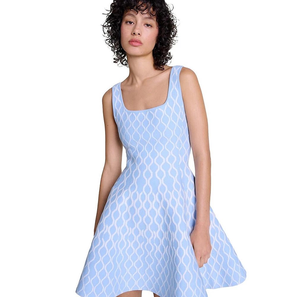 Light Blue Flared A-line Dress with Wavy Pattern and Square Neckline