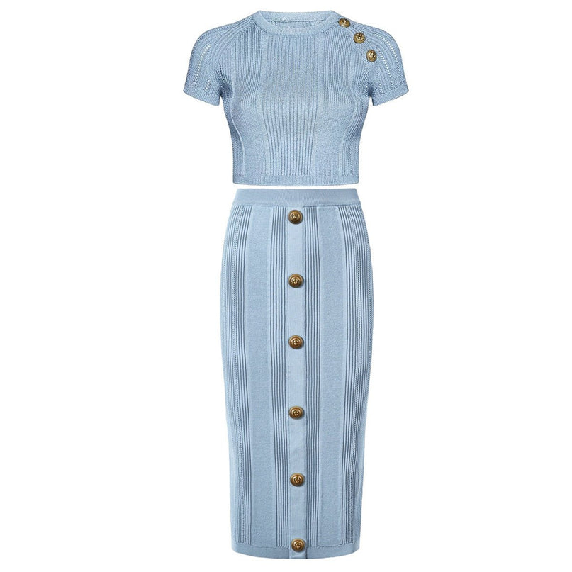 Light Blue Ribbed Crop Top Set with Gold Buttons
