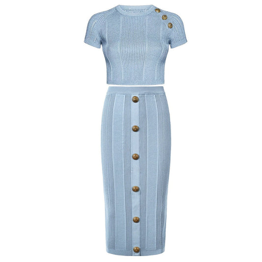 Light Blue Ribbed Crop Top Set with Gold Buttons