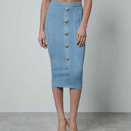 Light Blue Ribbed Two-Piece Crop Top Set with Gold Buttons