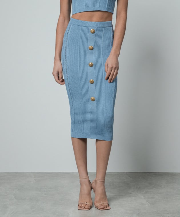 Light Blue Ribbed Two-Piece Crop Top Set with Gold Buttons