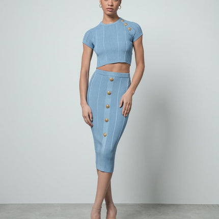 Light Blue Ribbed Two-Piece Crop Top Set with Gold Buttons