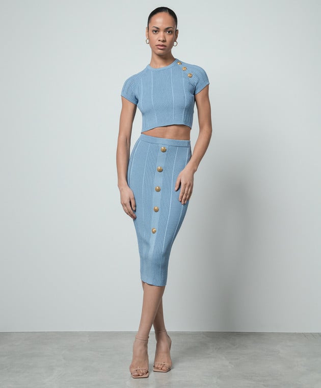 Light Blue Ribbed Two-Piece Crop Top Set with Gold Buttons