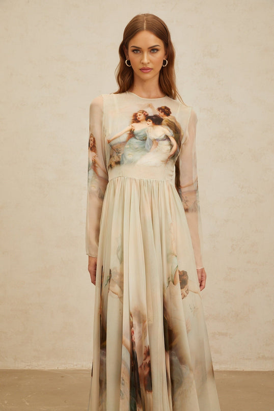 Light Green Silk Graphic Print Maxi Dress