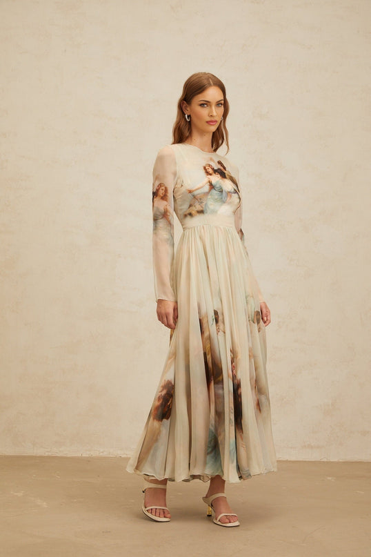 Light green silk graphic print maxi dress with shirred effect and scarf design