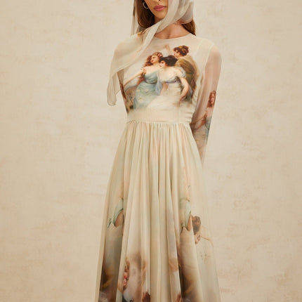 Light Green Silk Graphic Print Maxi Dress with Shirred Effect and Scarf Design