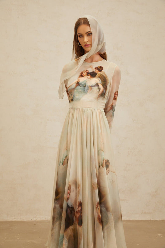 Light Green Silk Graphic Print Maxi Dress with Shirred Effect and Scarf Design