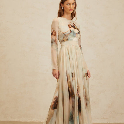 Light Green Silk Maxi Dress with Graphic Print and Shirred Effect