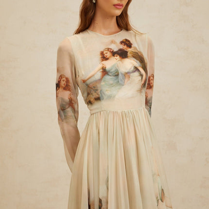 Light Green Silk Scarf Design Maxi Dress with Graphic Print