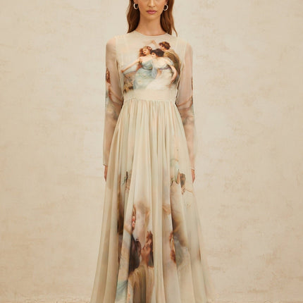 Light Green Silk Scarf Design Maxi Dress with Graphic Print