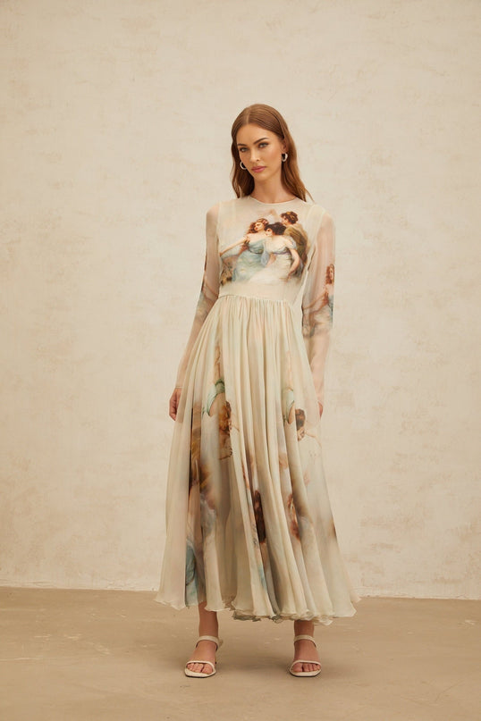 Light Green Silk Scarf Design Maxi Dress with Graphic Print