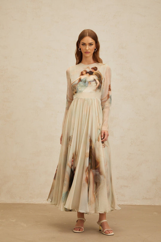 Light Green Silk Scarf Design Maxi Dress with Graphic Print and Shirred Effect