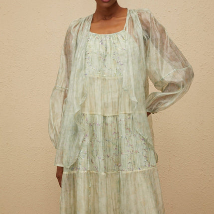 Light Green Tie-Dye Cardigan and Dress Set