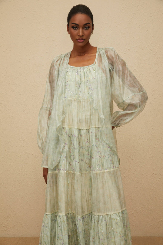 Light Green Tie-Dye Cardigan and Dress Set