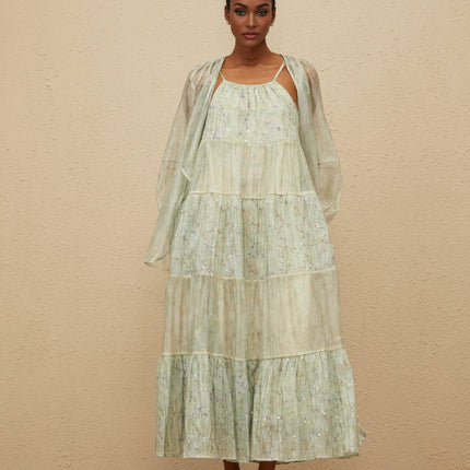 Light Green Tie-Dye Cardigan and Dress Set with Sequin Embellishment