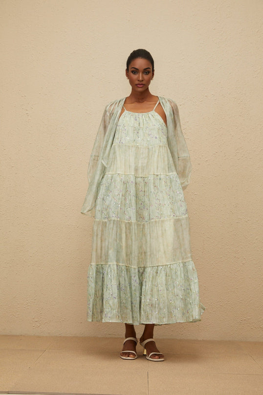 Light Green Tie-Dye Cardigan and Dress Set with Sequin Embellishment