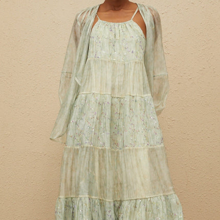 Light Green Tie-Dye Cardigan and Dress Set with Sequin Embellishment