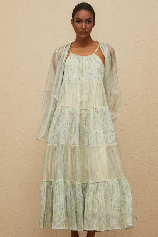 Light Green Tie-Dye Cardigan and Dress Set with Sequin Embellishment