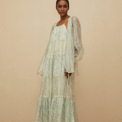 Light Green Tie-Dye Cardigan and Dress Set