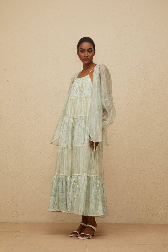 Light Green Tie-Dye Cardigan and Dress Set