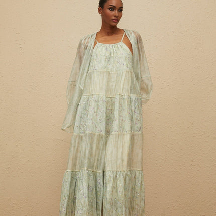 Light Green Tie-Dye Cardigan and Dress Set