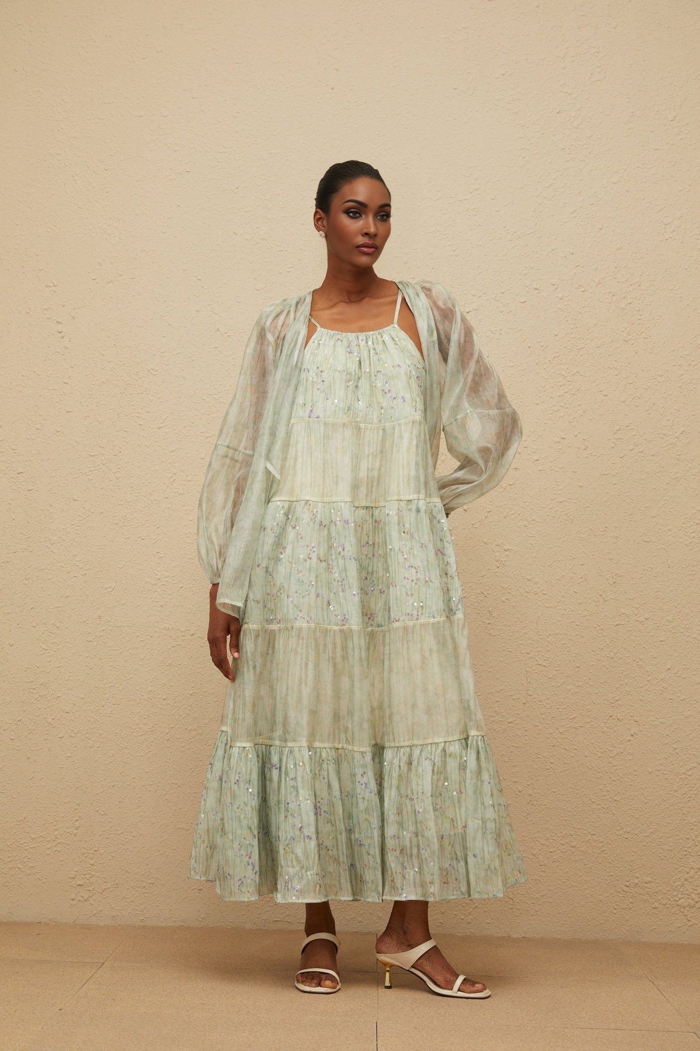 Light Green Tie-Dye Cardigan and Dress Set