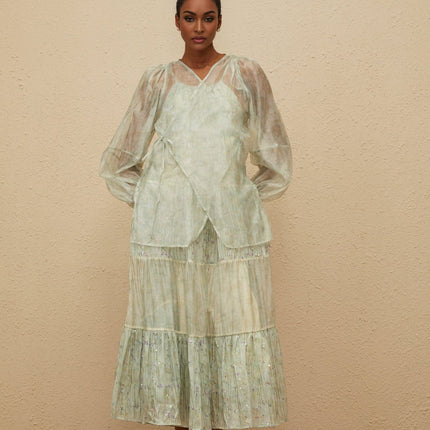 Light green tie-dye cardigan with v-neck and long puff sleeves