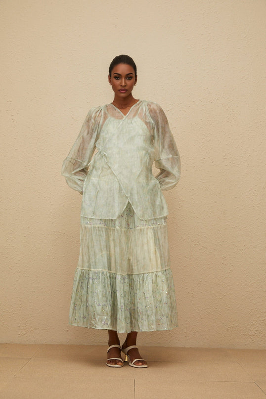 Light green tie-dye cardigan with v-neck and long puff sleeves