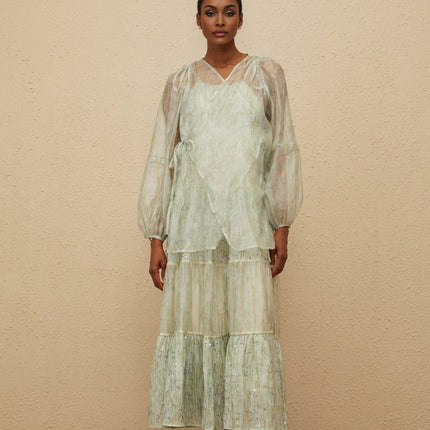 Light green V-neck cardigan with tie-dye print and elasticated cuffs