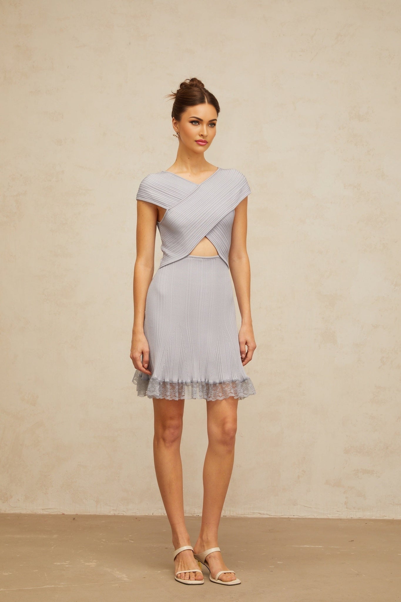 Light purple ribbed knit mini dress with crossover design