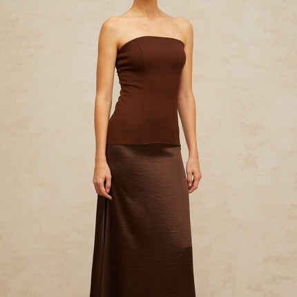 Lilah Brown Maxi Dress with Satin Paneling and Shirred Effect