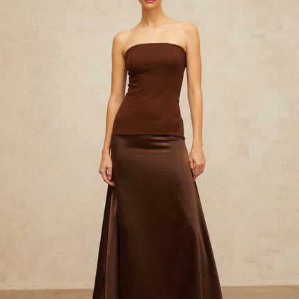 Lilah Brown Maxi Dress satin paneling shirred effect flared hem off-shoulder silhouette fitted waistline sleeveless gown rear zip fastening